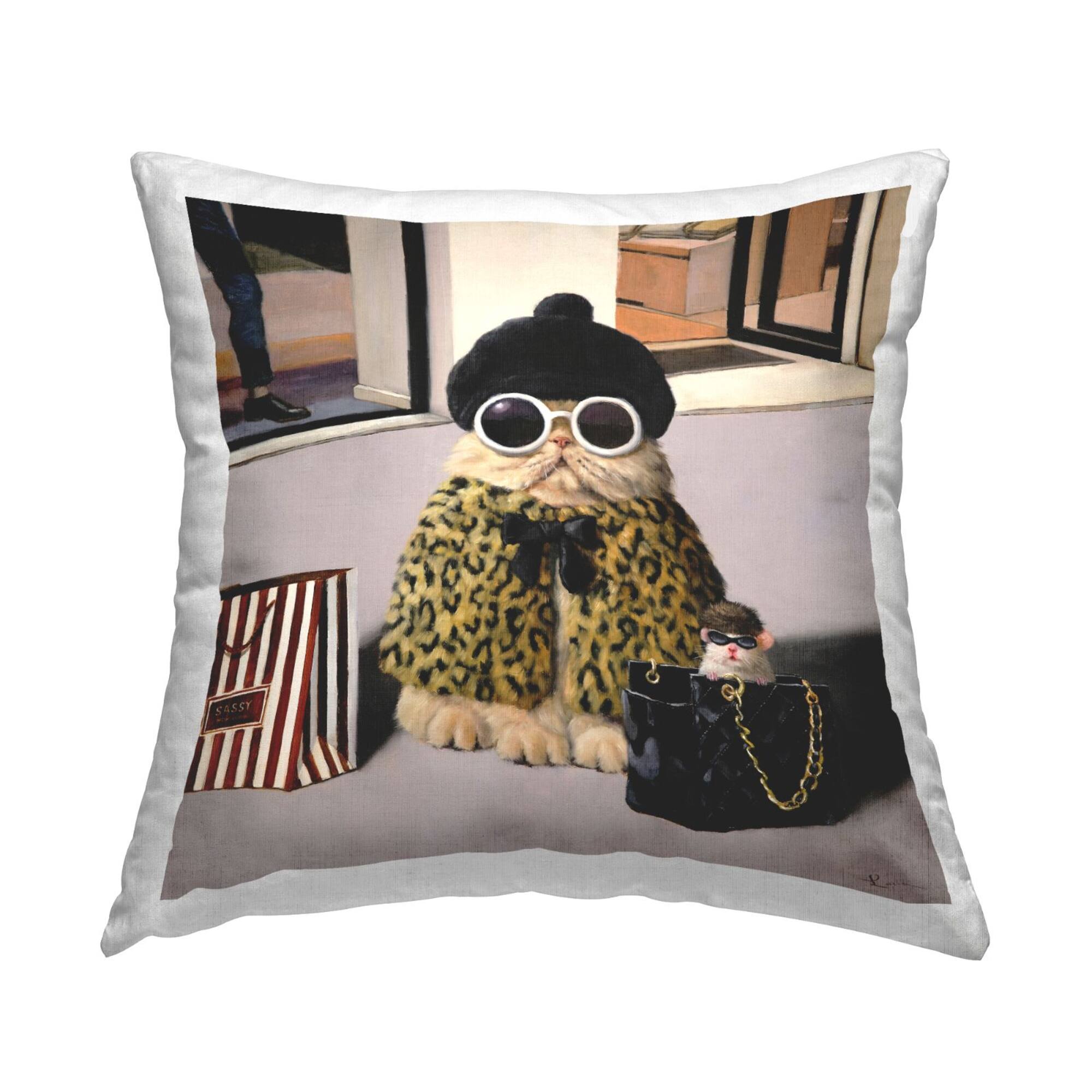 Stupell Industries Sassy Glam Cat Designer Fashion Couture Handbag Throw Pillow 18" x 18"
